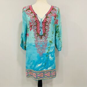 TOLANI S Silk Turquoise Art Pullover Slip Shift Dress Resort Coastal Cruise Boho